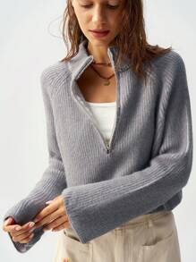 Bohemela Suéter informal de unicolor con mangas raglán y cuello para mujer - Gris - Ver 6