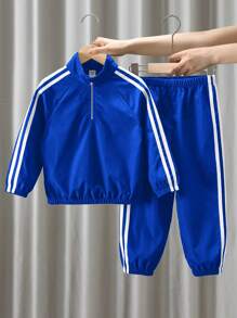 SHEIN 2pcs Young Boys Casual Set - Long Sleeve Stand Collar Jacket With Decorative Tapes, And Elastic Waist Pants, Thermal Lined , Thickened - Blue - View 4