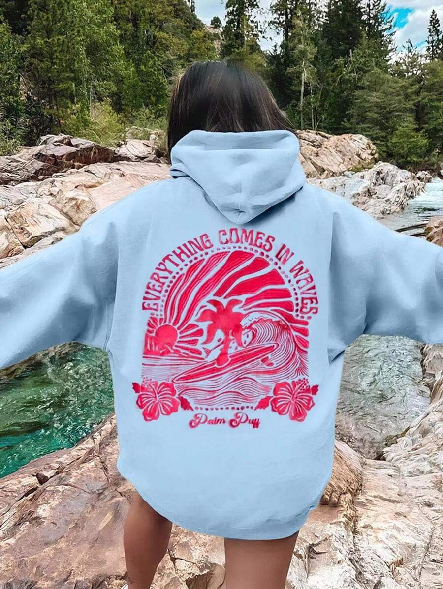 INAWLY Sudadera con capucha de felpa con cordón y estampado tropical casual de vacaciones para mujer, otoño - Azul - Ver 1