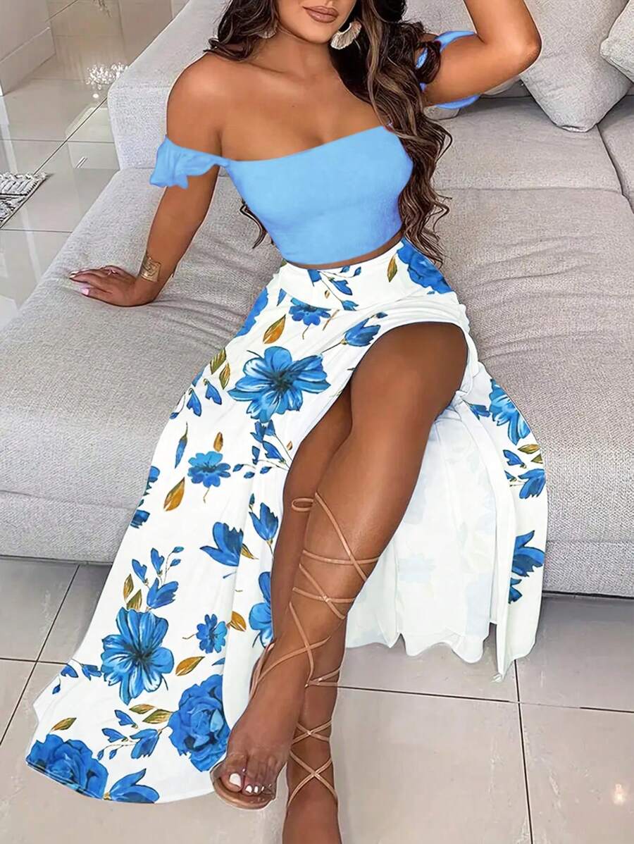INAWLY Set 2 Potong Blus Tanpa Lengan dan Rok Belahan Bawah Motif Bunga untuk Wanita - Biru - View 1
