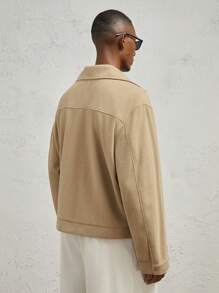 AKNOTIC Business Casual Áo khoác len cổ bẻ rộng rãi có khóa kéo cho nam, màu kaki có trang trí xích kim loại, phù hợp cho mùa thu đông - Màu Khaki - Xem 4