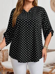 EMERY ROSE Blusa informal de otoño para mujer talla grande con escote entallado, manga enrollada y estampado de lunares
