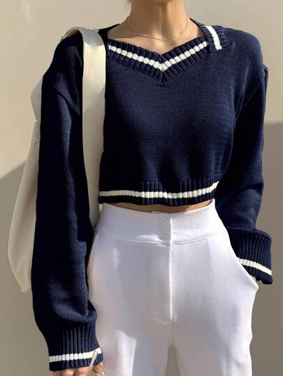 DAZY Suéter corto de estilo universitario con bloques de color y parches para mujer, parte superior de manga larga para otoño