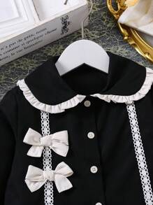 SHEIN 2 件装年轻女孩优雅黑白领上衣，带蝴蝶结设计，搭配黑色短裙套装，适合派对/冬季 - 棕色 - 查看 3