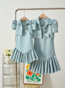 SHEIN 2 件装少女纯色针织短款夹克和编织荷叶边下摆连衣裙套装 - 綠色 - 查看 6