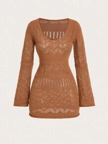 SHEIN Clasi Vestido de suéter de punto calado en unicolor, casual para mujer, de primavera/otoño