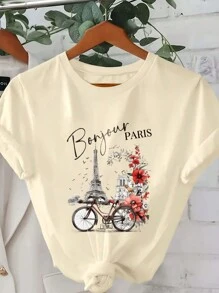 INAWLY 巴黎法国 T 恤，埃菲尔铁塔印花夏季休闲女式上衣 图案 T 恤女式上衣 - 杏色 - 查看 1