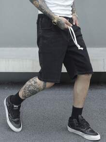 Manfinity EMRG Men's Drawstring Waist Flap Pockets Bermuda Casual Denim Shorts - Black - View 5