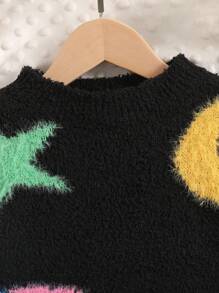 Young Girl Loose Round Neck Moon And Star Pattern Pullover Sweater, Soft And Warm For Autumn & Winter - Black - View 3