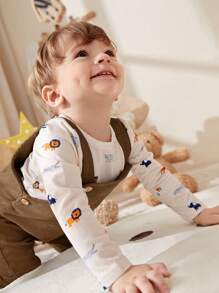Cozy Pixies 2pcs Baby Boy Cartoon Pattern Crew Neck Long Sleeve Top And Bib Pants Set - Brown - View 16