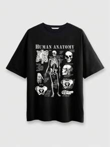 ROMWE Áo thun nữ in họa tiết Gothic giản dị cỡ lớn dáng rộng, đi học, mùa hè - màu đen - Xem 1