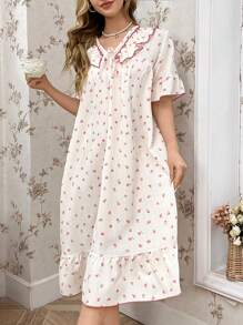 CottageSlumber Peach Printed Ruffled V-Neck Short Sleeve Loose Jacquard Ladies' Nightgown Dress - Apricot - View 5