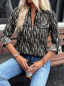 SHEIN LUNE Women's Casual All-Over Print Roll-Up Sleeve Blouse, Spring Autumn - Black - View 6