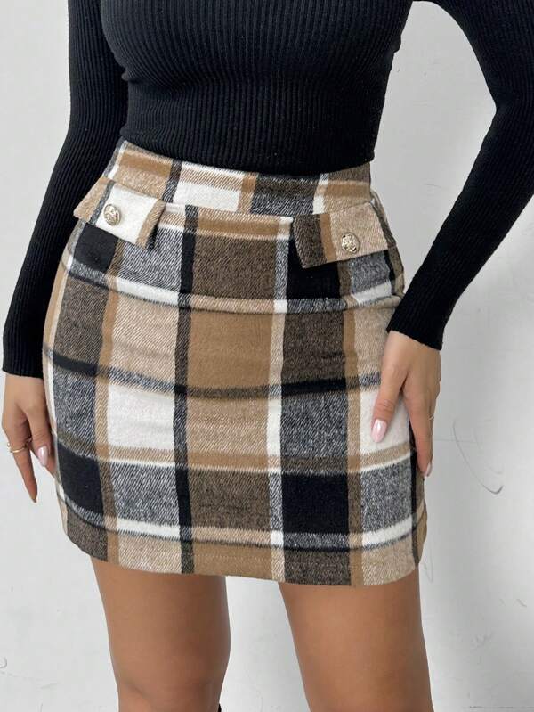 EMERY ROSE Women's Plaid Pencil Skirt