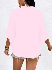 SHEIN LUNE 大码女式夏季花卉拼布腰带 V 领 3/4 袖优雅衬衫 - 淺粉色 - 查看 2