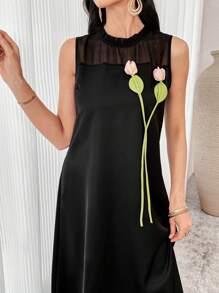 Modelyn Women's Summer 3D Floral Decor Mesh Contrast Sleeveless Elegant Mini Dress Long Evening Dresses - Black - View 1
