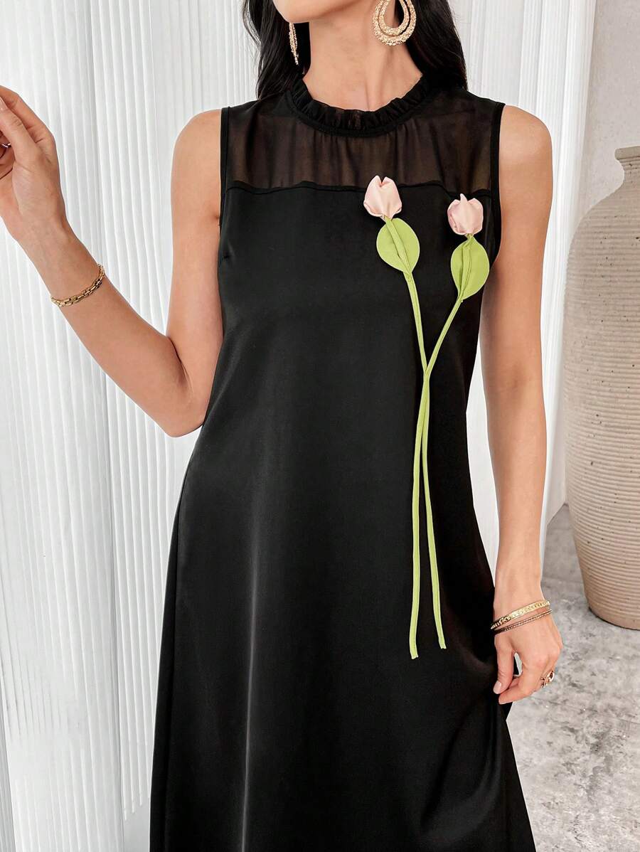 Modelyn Women's Summer 3D Floral Decor Mesh Contrast Sleeveless Elegant Mini Dress Long Evening Dresses - Black - View 1