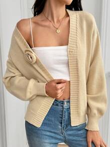 SHEIN LUNE 女士纯色简约日常开衫 - 杏色 - 查看 3