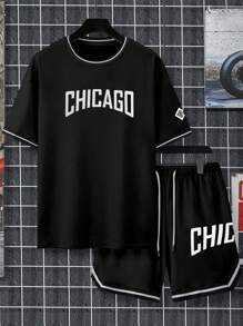 Manfinity Homme Men's Casual Letter & Basketball Print T-Shirt & Shorts Set, Summer - Black - View 4
