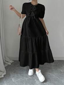 Calvaya Short Sleeve Ruffled Hem Puff Sleeve Solid Color Summer Dress Maxi Women Outfit