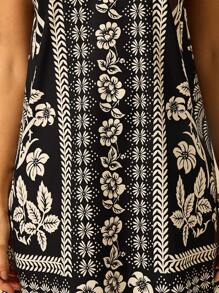 CAJUNI Women's Holiday Casual Summer Bohemian Tropical Plant Floral Black And Beige Print Thin Belt Back Cross Short Dress