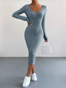 SHEIN Essnce 长袖针织紧身中长连衣裙，春秋季休闲装 - 霧霾藍 - 查看 7