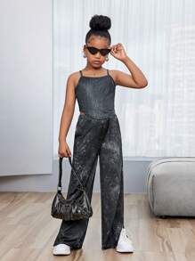 2pcs Tween Girl's Washed Effect Camisole And Wide-Leg Pants Set - Black - View 3