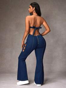SHEIN ICON Bộ áo liền quần denim ống loe mùa hè dành cho nữ - Màu xanh lam - Xem 6