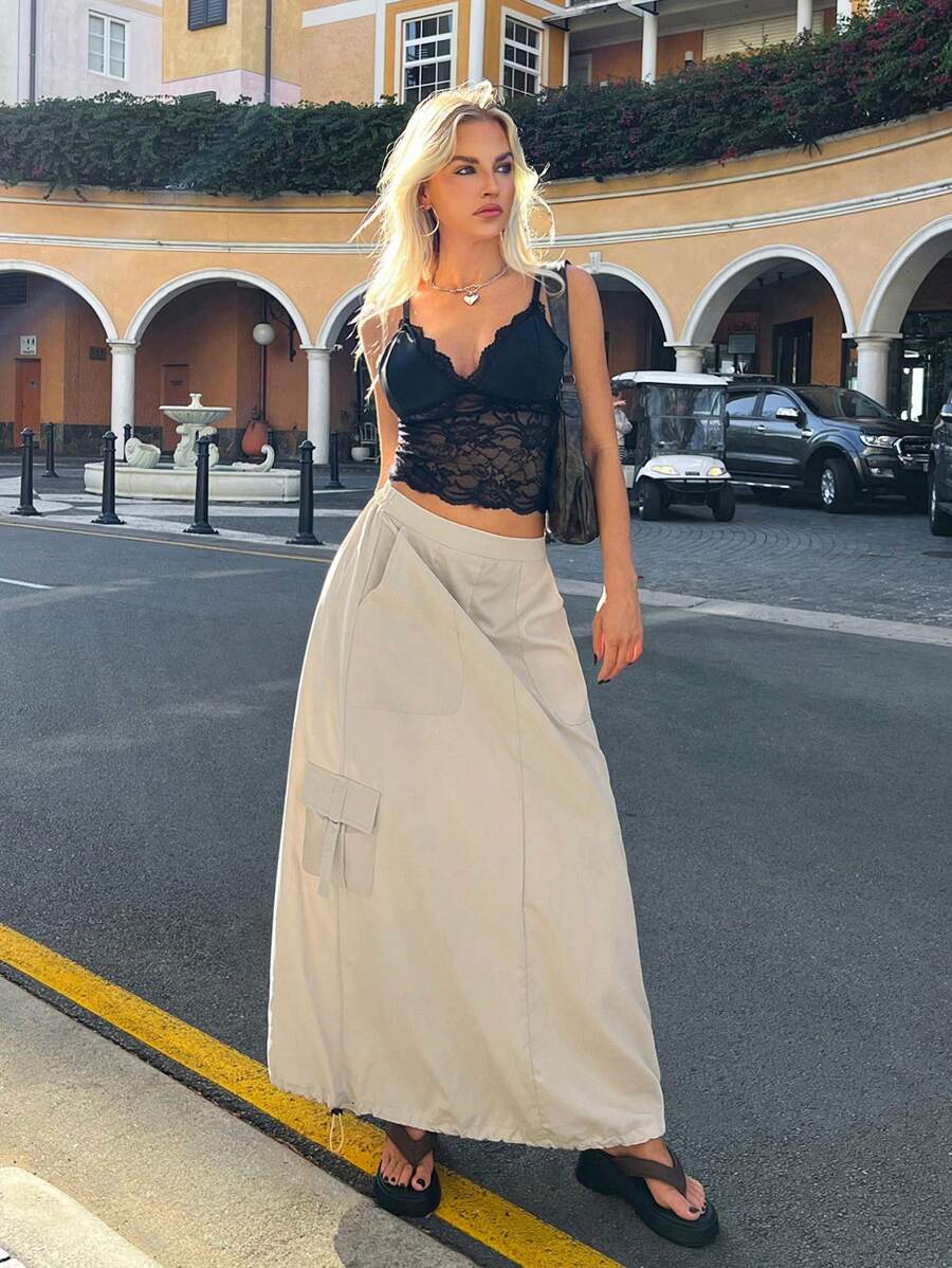 Forever 21 女士半身裙秋季女士半身裙裤子秋季裙子秋季女士衣服老款橡胶抽绳 - 杏色 - 查看 1