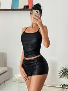 SHEIN EZwear Women's Faux Leather Lace Trim Camisole And Ruched Faux Leather Mini Shorts Set
