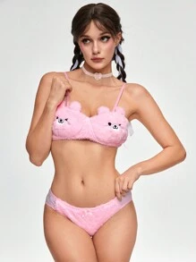 ROMWE Kawaii Women's Cute Plush Bear Wireless Bra Set, Kawaii