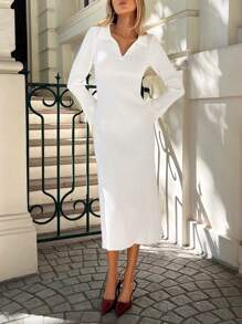 Forever 21 新款秋冬款深V領修身優雅中長款長袖連衣裙 - 白色 - 查看 2