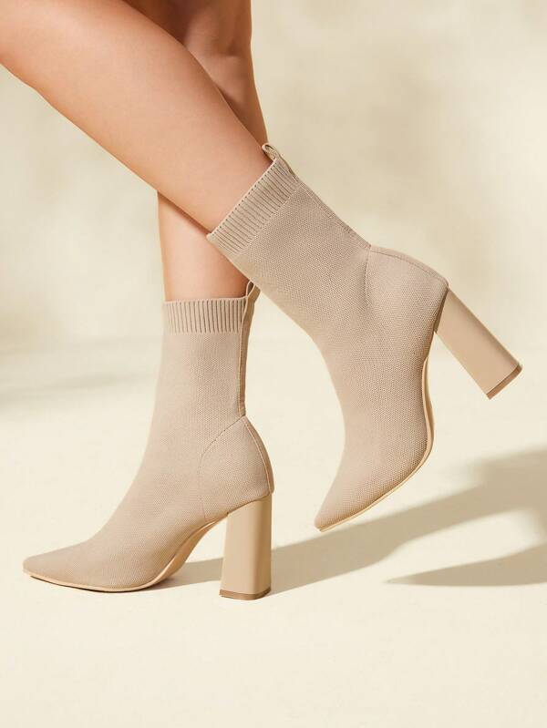 CUCCOO BASICS Sapatos femininos para Dia dos Namorados, Bico Fino, Salto Grosso, Malha Elástica, Botas Elegantes Bege Para Tornozelo, Saltos para Formatura, Saltos para Festa de Formatura, Sapatos de Férias de Verão, de Verão, Natal, Ano Novo, Feriado