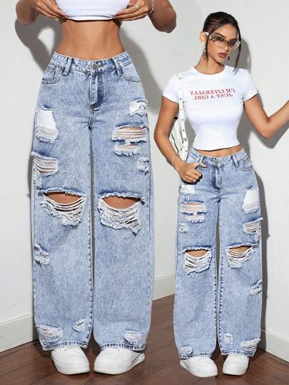 SHEIN Tall Women Loose Straight Leg Distressed Pocket Jeans