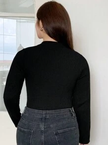 Dazy Petite Plus Plus Size Casual Solid Color Turtleneck Sweater, Spring/Autumn,Fall Women Clothes - Black - View 2
