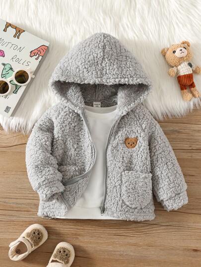 SHEIN Baby Boys Casual Cute Bear Fleece Thick Hoodie Sweatshirt,In Fall/Winter