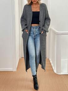 Chiquease Long Casual Cardigan With Double Pockets, Mixed Fabric, Autumn/Winter Thermal
