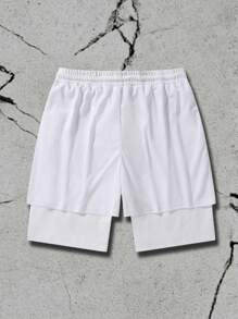 Manfinity EMRG Letter & Cross Print Drawstring Summer Double Layer Shorts - White - View 2