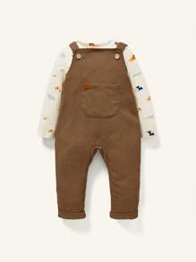 Cozy Pixies 2pcs Baby Boy Cartoon Pattern Crew Neck Long Sleeve Top And Bib Pants Set - Brown - View 4