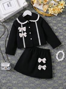 SHEIN 2 件装年轻女孩优雅黑白领上衣，带蝴蝶结设计，搭配黑色短裙套装，适合派对/冬季 - 棕色 - 查看 1