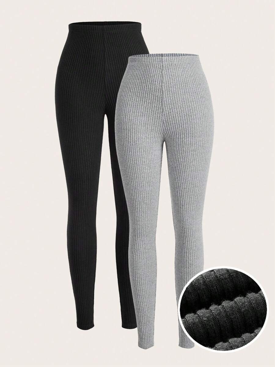 SHEIN EZwear 2 Packs Solid Color Basic Knitted Leggings, Casual Daily ... image.