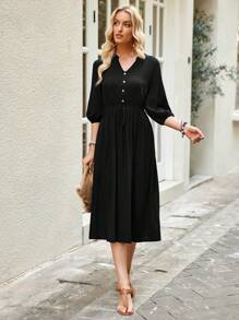 EMERY ROSE Women's Summer Medium-Sleeve Notched V-Neck Drawstring Waist Dress In Dark Blue. - Black - View 6