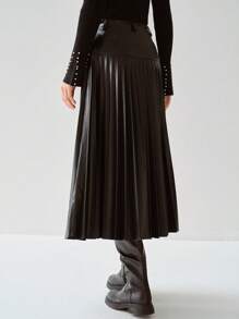 Enchnt 春夏浪漫法式黑色百褶PU半身裙，甜美优雅，适合日常休闲穿着、工作装、下午茶、浪漫约会、假日、毕业典礼、日常通勤、度假、音乐会等场合。 - 黑色 - 查看 2