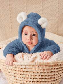 SHEIN 新生男婴连帽加厚连体衣，撞色设计 - 藍色 - 查看 4