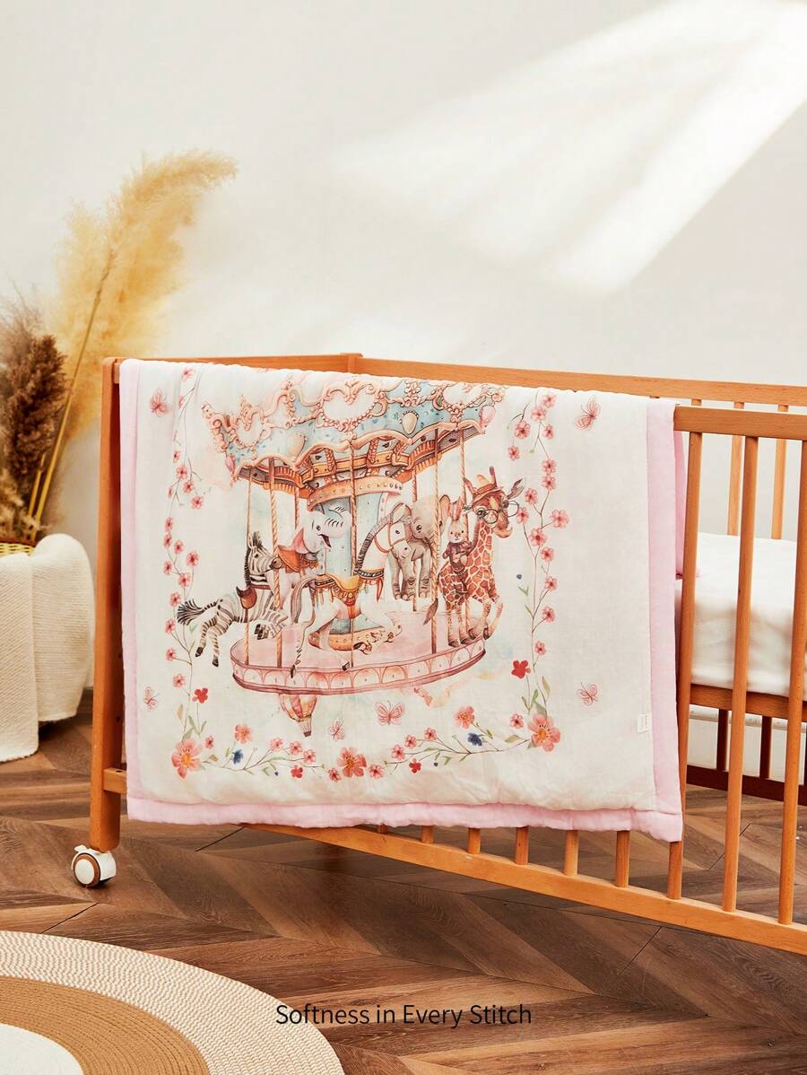 1件装 Cozy Pixies 粉色滚边异想天开旋转木马卡通婴儿毯，通过 Oeko-Tex 认证 - 彩色 - 查看 1