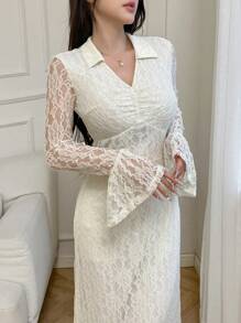 Modelyn 女士纯色撞色蕾丝长款晚礼服 - 杏色 - 查看 5