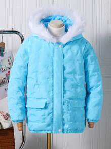 Tween Girl Hooded Padded Coat With Fuzzy Collar And Geometric Rubberized Patterns - Baby Blue - View 1