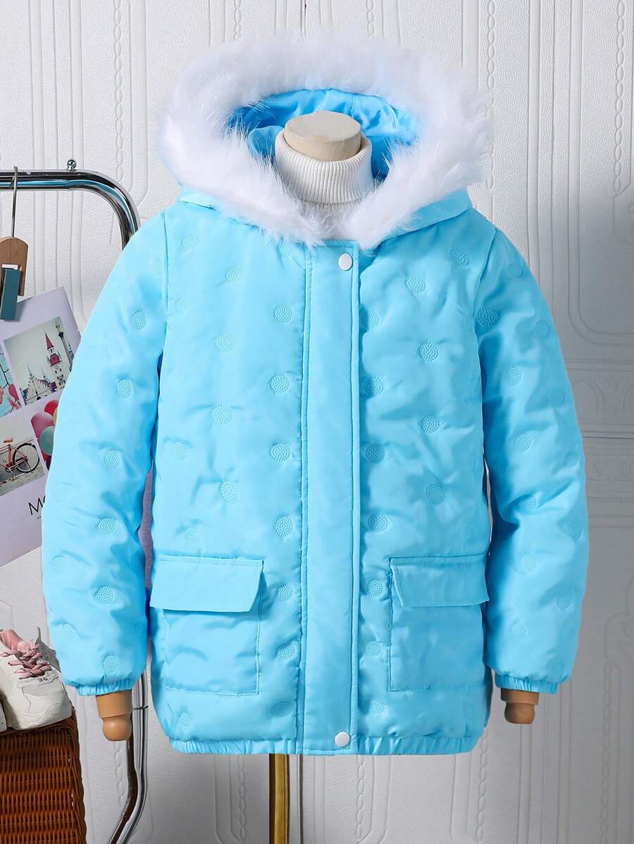 Tween Girl Hooded Padded Coat With Fuzzy Collar And Geometric Rubberized Patterns - Baby Blue - View 1