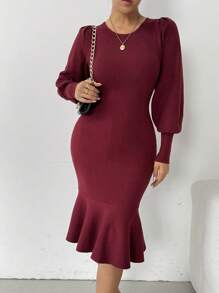 Chiquease Women's Solid Color Simple Casual Long Sleeve Sweater Dress Fall Cloth For Women - Burgundy - View 1