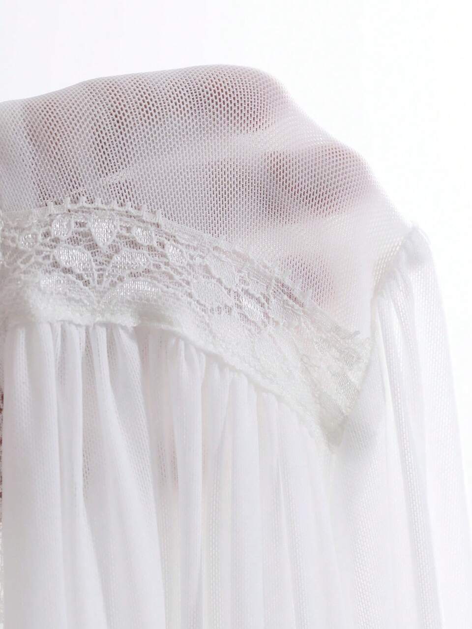 Women's V-Neck Long Sleeve Pleated Charming Elegant Romantic Mesh Bow Drape Nightgown Pajama
